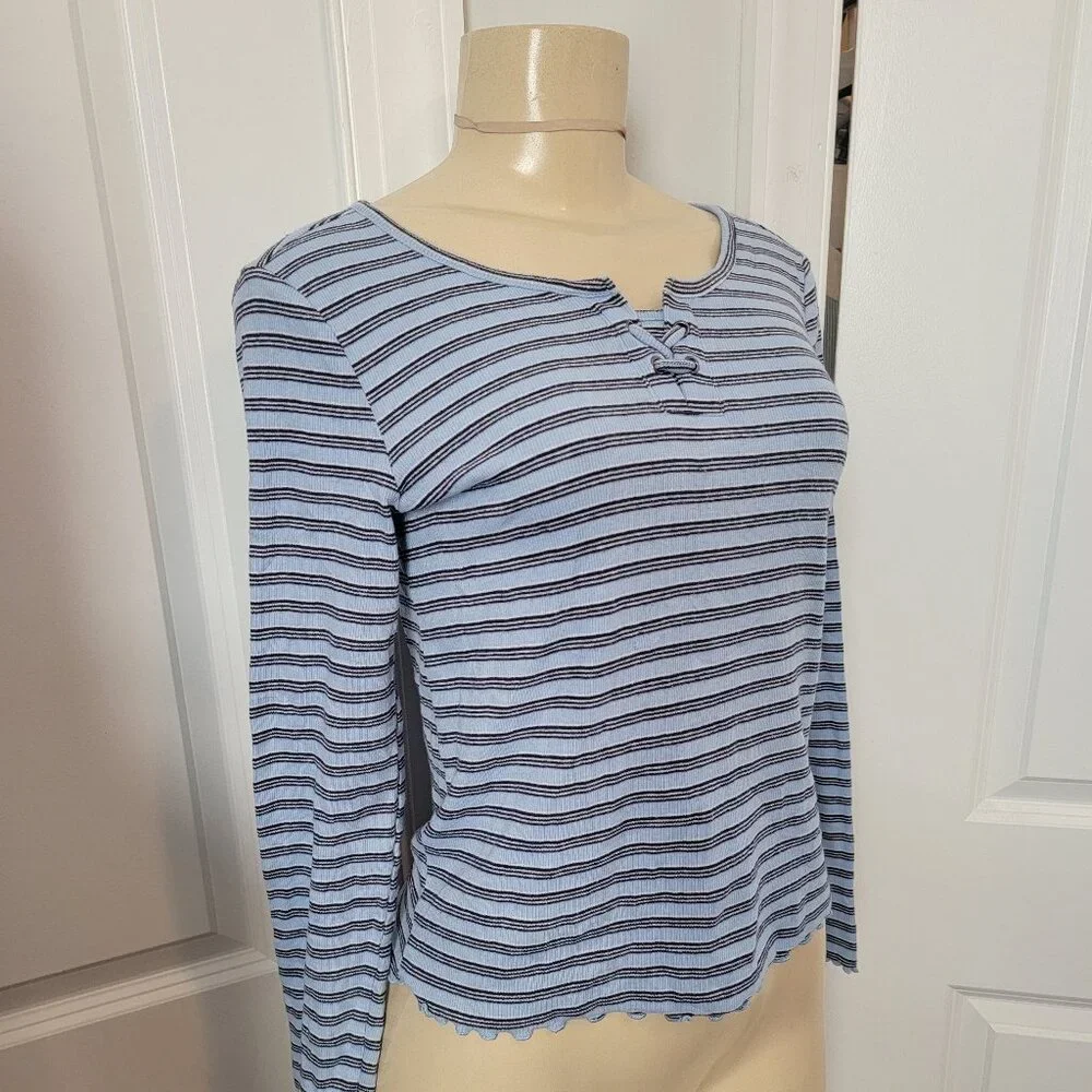 Justice Girls Long Sleeve Lace Up Ribbed Thermal Top Blue Stripes
